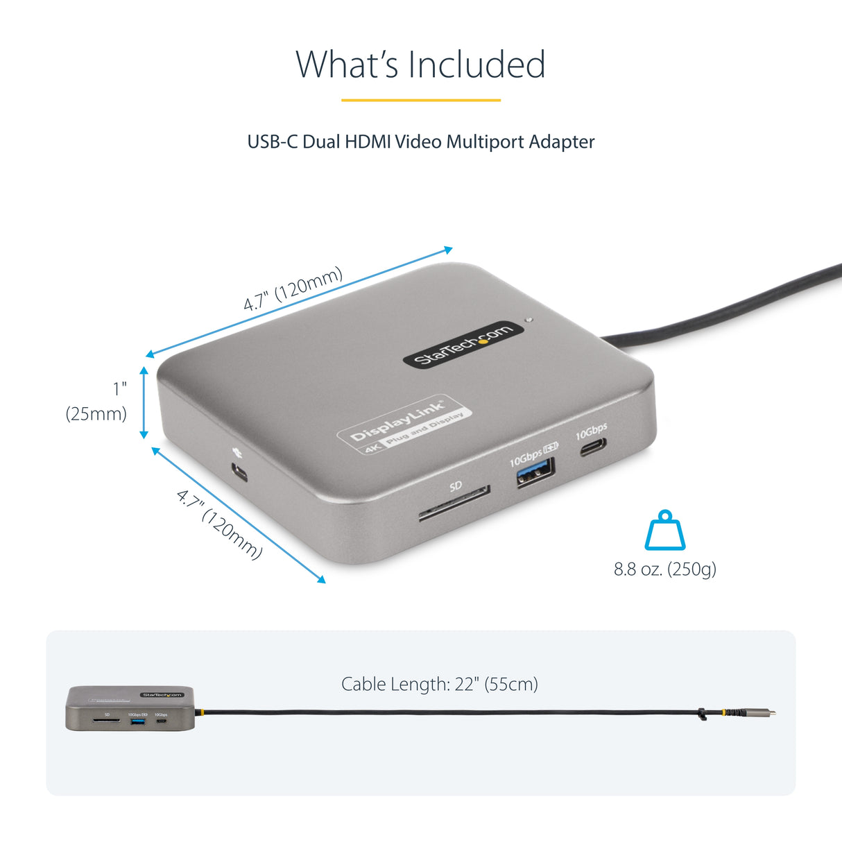 StarTech.com USB C Multiport Adapter, Dual 4K 60Hz HDMI 2.0b, HDR10, 2x 10Gbps USB Hub, 100W PD Pass-Through, GbE, SD, 14"/35cm Cable, Mini Dock, Laptop Docking Station, Win/Mac