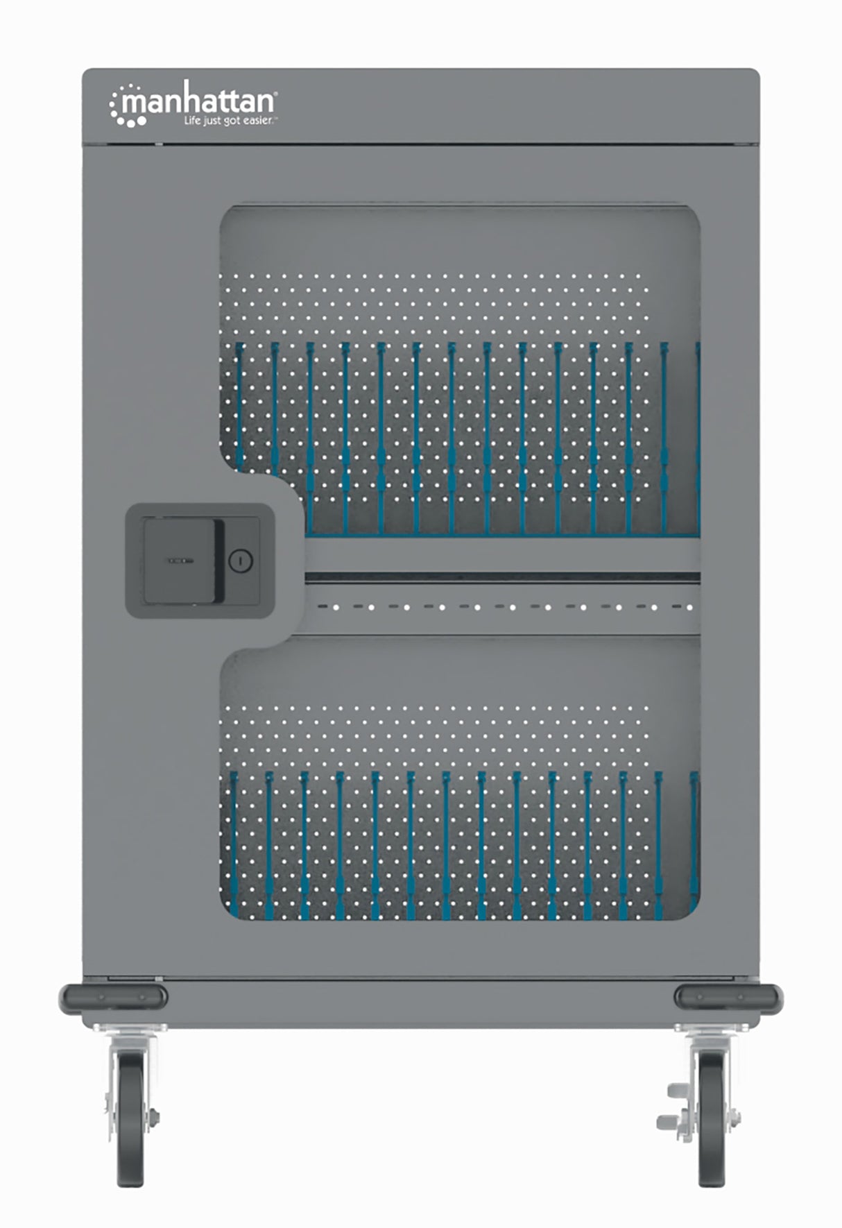 Manhattan Charging Cabinet/Cart via USB-C x32 Devices, Trolley, Power Delivery 18W per port (576W total), Suitable for iPads/other tablets/chromebooks up to 15.6", Bays 380x30x280mm, Device charging cables not included, Lockable (PIN code), EU & UK power