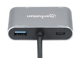 Manhattan USB-C Dock/Hub, Ports (x4): HDMI, USB-A, USB-C and VGA, With Power Delivery (87W) to USB-C Port (Note add USB-C wall charger and USB-C cable needed), All Ports can be used at the same time, Aluminium, Space Grey, Three Year Warranty, Retail Box