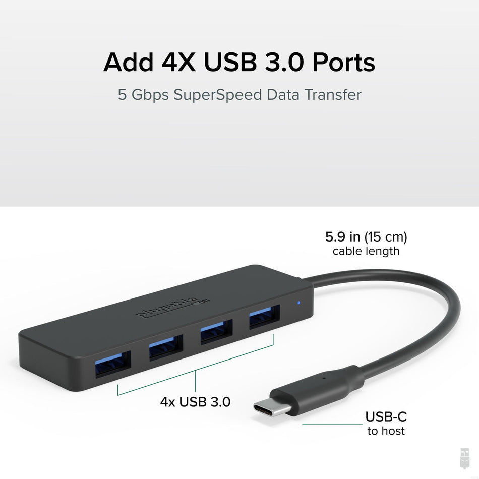 Plugable Technologies USB C to USB Adapter Hub, 4 Port USB 3.0 Hub, USB Splitter for Laptop, Compatible with Windows, MacBook Pro/Air, iPad Pro, Surface Pro, Chromebook, Linux, Android, Charging Not Supported