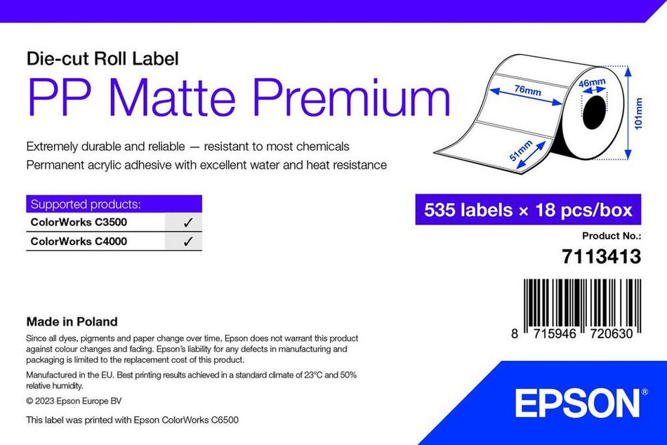 Epson PP Matte Label Premium, Die-cut Roll, 76mm x 51mm, 535 Labels
