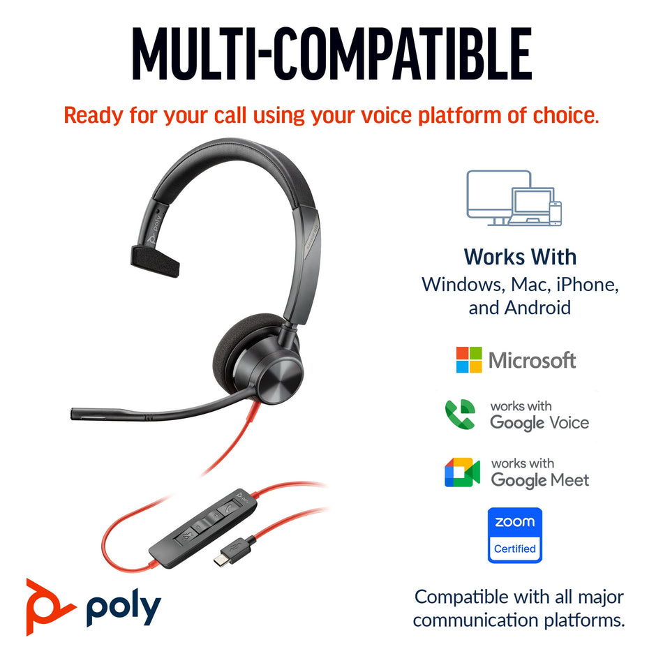 POLY Blackwire 3310 Monaural Microsoft Teams Certified USB-C Headset +USB-C/A Adapter