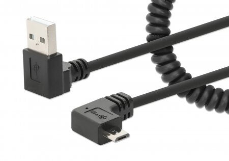 Manhattan USB-A to Micro-USB Cable, 1m, Male to Male, Black, 480 Mbps (USB 2.0), Tangle Resistant Curly Design, Angled Connectors, Ideal for Charging Cabinets/Carts, Hi-Speed USB, Lifetime Warranty
