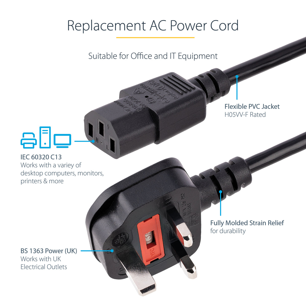 StarTech.com 10ft (3m) UK Computer Power Cable, 18AWG, BS 1363 to C13, 10A 250V, Black Replacement AC Power Cord, Kettle Lead / UK Power Cord, PC Power Supply Cable, TV/Monitor Power Cable