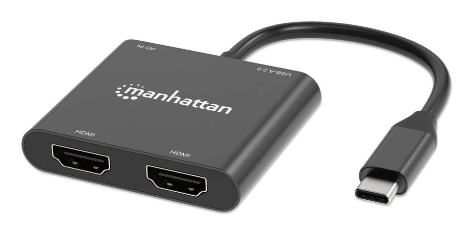 Manhattan USB-C to Dual HDMI & USB-A Adapter, Dual 4K@30Hz or Single 4K@60Hz, Power Delivery 100W, 480 Mbps (USB 2.0), Cable 15cm, Black, Male to Female, Three Year Warranty