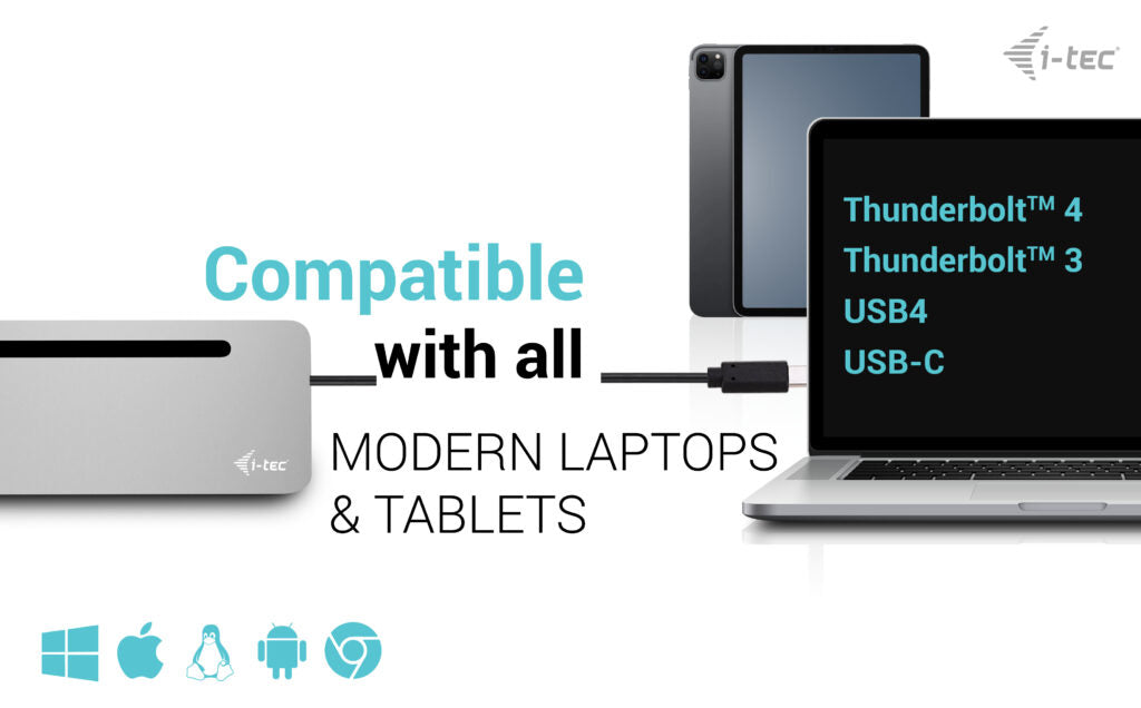 i-tec USB-C Metal Ergonomic 3x 4K Display Docking Station with Power Delivery 100 W + Universal Charger 100 W