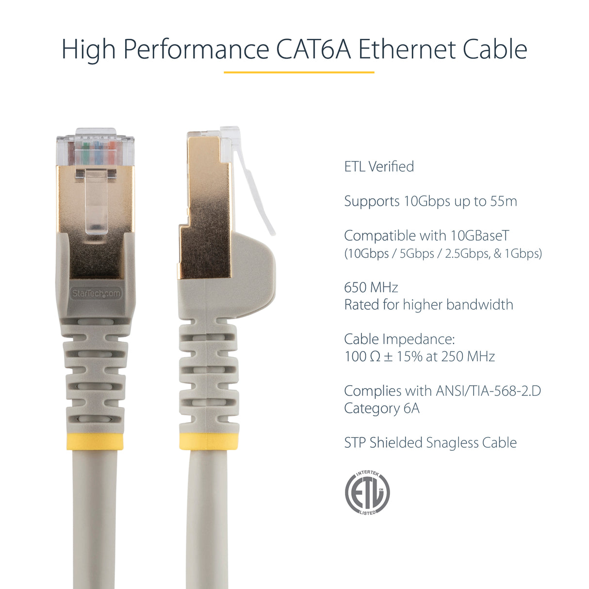 StarTech.com 0.50m CAT6a Ethernet Cable - 10 Gigabit Shielded Snagless RJ45 100W PoE Patch Cord - 10GbE STP Network Cable w/Strain Relief - Grey Fluke Tested/Wiring is UL Certified/TIA