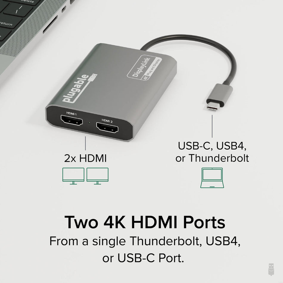 Plugable Technologies USB C to HDMI Adapter, Dual Monitor 4K 60Hz for Apple Mac M1/M2/M3, DisplayLink Multiple Displays for Thunderbolt Macbook or iMac, Driver Required (USBC-6950M)