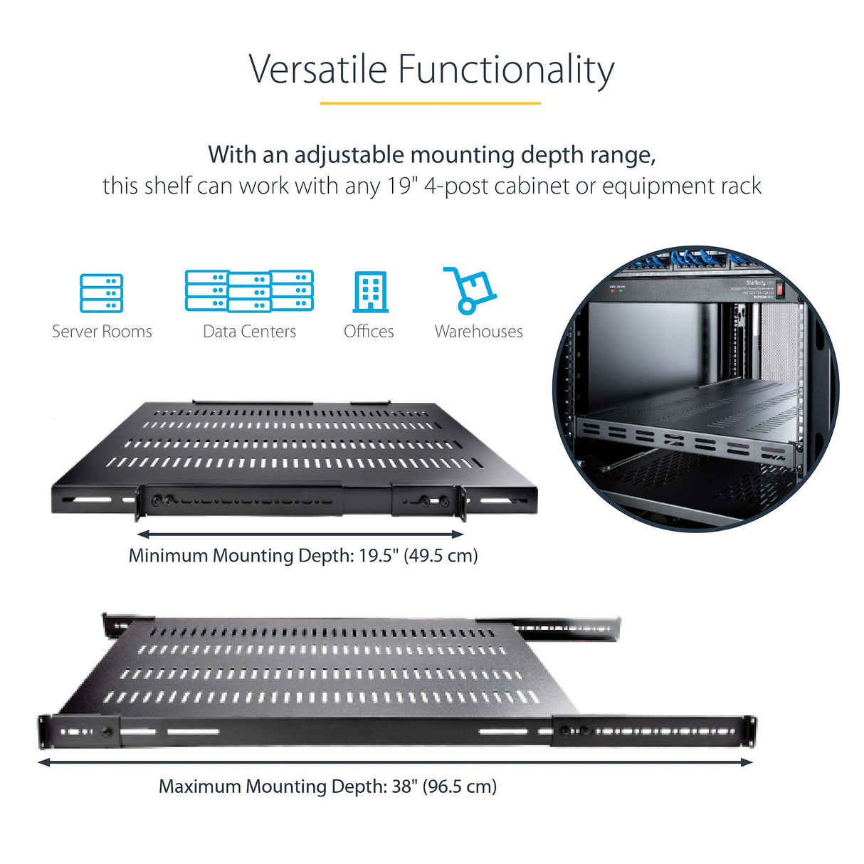 StarTech.com 1U 4-Post Adjustable Vented Server Rack Mount Shelf - 330lbs(150 kg) - 19.5 to 38in Adjustable Mounting Depth Universal Tray for 19" AV/ Network Equipment Rack - 27.5in Deep