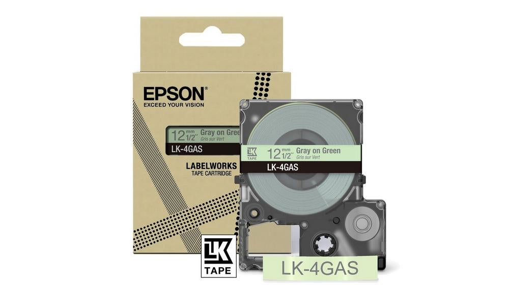 Epson C53S672105/LK-4GAS DirectLabel-etikettes gray on green 12mm x 8m for Epson LabelWorks LW-C 410/610