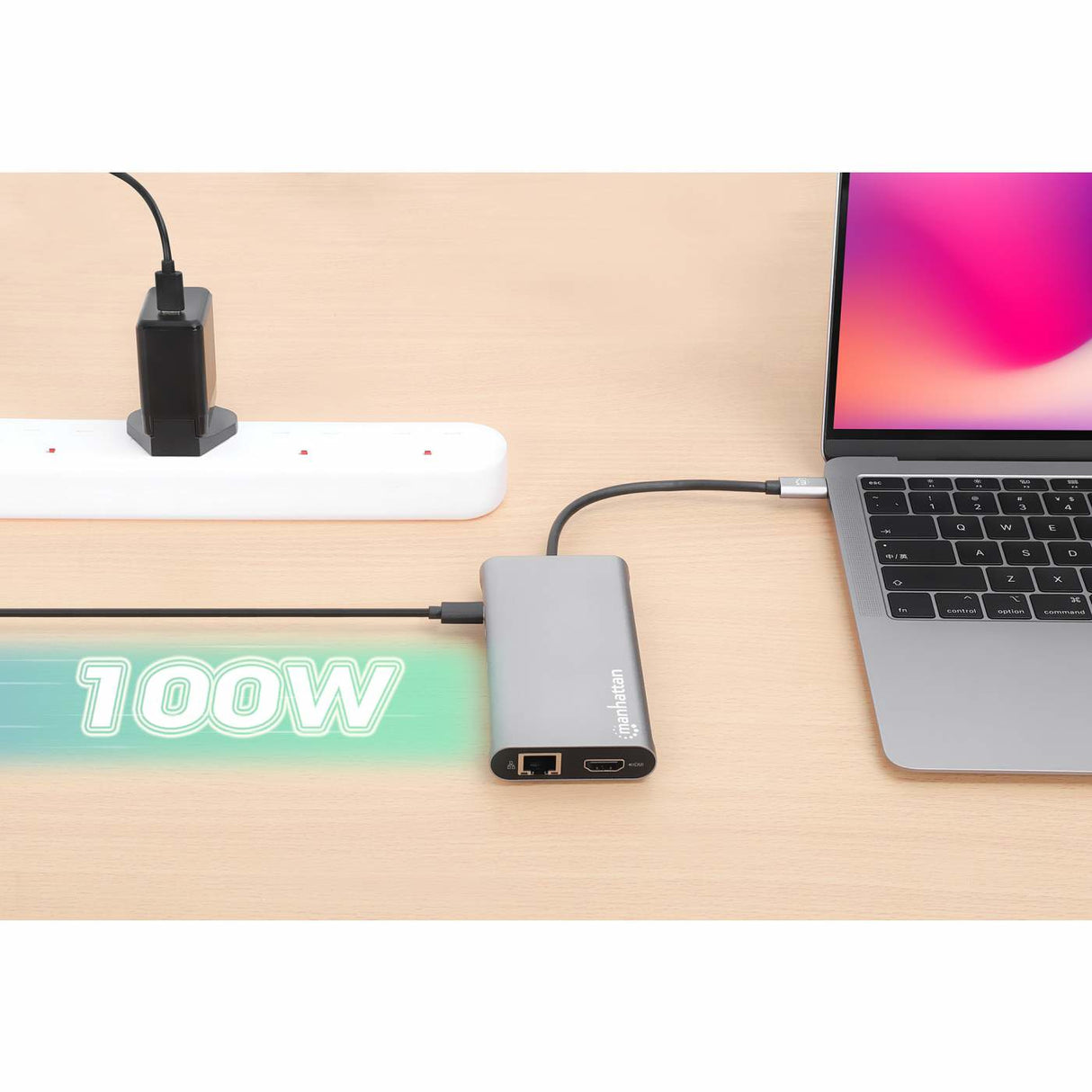 Manhattan USB-C Dock/Hub with Card Reader and MST, Ports (x10): Ethernet, 4K HDMI (X3), USB-A (x3) and USB-C (x2), With Power Delivery (100W) to 1x USB-C Port (USB-C wall charger/ cable needed)