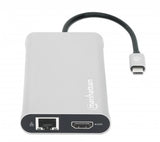 Manhattan USB-C Dock/Hub with Card Reader and MST, Ports (x10): Ethernet, 4K HDMI (X3), USB-A (x3) and USB-C (x2), With Power Delivery (100W) to 1x USB-C Port (USB-C wall charger/ cable needed)