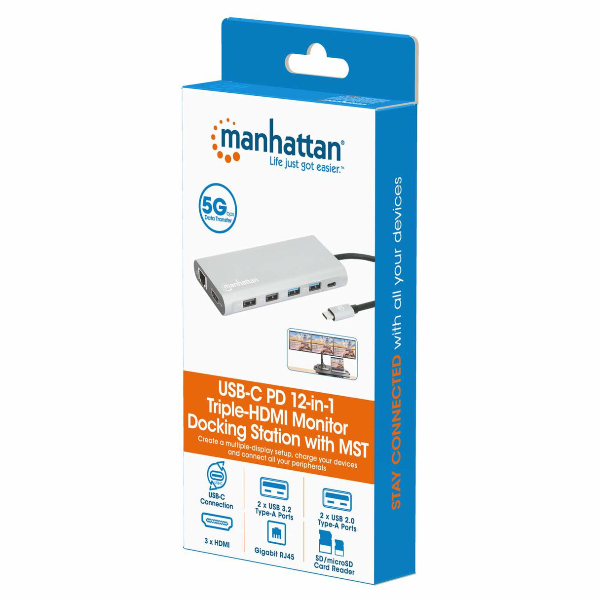 Manhattan USB-C Dock/Hub with Card Reader and MST, Ports (x10): Ethernet, 4K HDMI (X3), USB-A (x3) and USB-C (x2), With Power Delivery (100W) to 1x USB-C Port (USB-C wall charger/ cable needed)