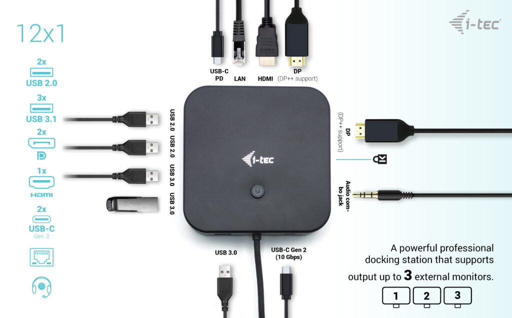 i-tec USB-C HDMI Dual DP Docking Station with Power Delivery 100 W + Universal Charger 100 W