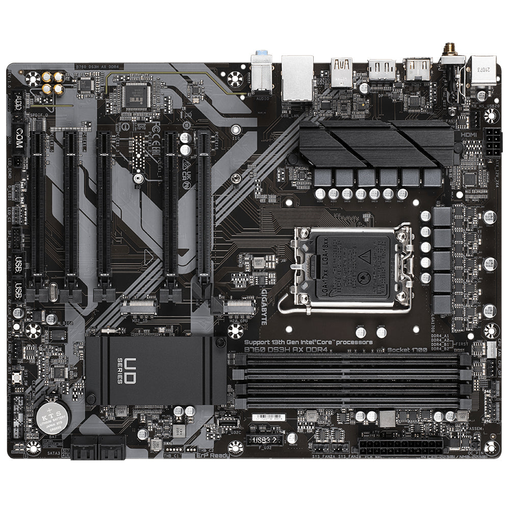 GIGABYTE B760 DS3H AX DDR4 Motherboard - Supports Intel Core 14th CPUs, 8+2+1 Phases Digital VRM, up to 5333MHz DDR4 (OC), 2xPCIe 4.0 M.2, Wi-Fi 6E, GbE LAN, USB 3.2 Gen 2