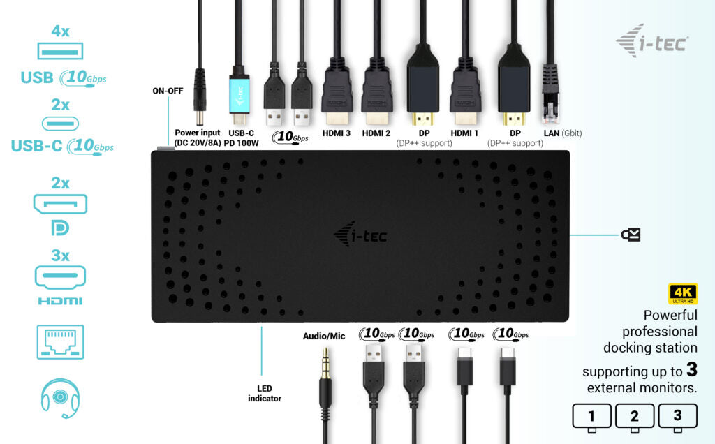 i-tec USB 3.0 / USB-C / Thunderbolt, 3x 4K Docking Station Gen 2 + Power Delivery 100W