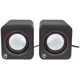 Manhattan 2600 Series Speaker System, Small Size, Big Sound, Two Speakers, Stereo, USB power, Output: 2x 3W, 3.5mm plug for sound, In-Line volume control, Cable 0.9m, Black, Three Year Warranty, Box