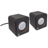 Manhattan 2600 Series Speaker System, Small Size, Big Sound, Two Speakers, Stereo, USB power, Output: 2x 3W, 3.5mm plug for sound, In-Line volume control, Cable 0.9m, Black, Three Year Warranty, Box