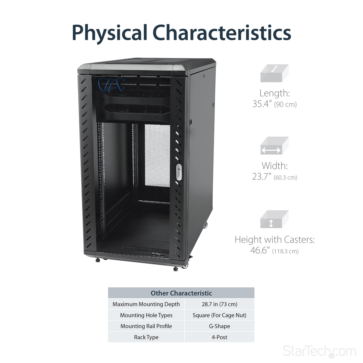 StarTech.com 4-Post 22U Server Rack Cabinet, Lockable 19" Data Rack Cabinet for Computer / AV / IT Equipment, Office / Home Network Rack with Casters & Adjustable Mounting Rails