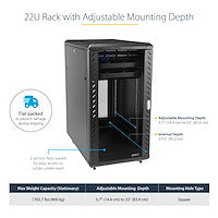 StarTech.com 4-Post 22U Server Rack Cabinet, Lockable 19" Data Rack Cabinet for Computer / AV / IT Equipment, Office / Home Network Rack with Casters & Adjustable Mounting Rails