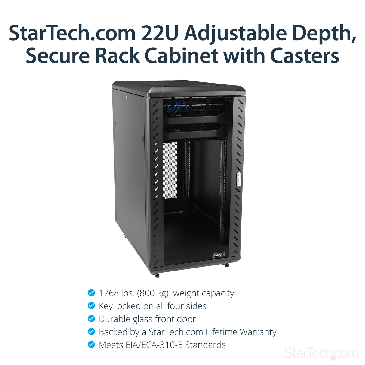 StarTech.com 4-Post 22U Server Rack Cabinet, Lockable 19" Data Rack Cabinet for Computer / AV / IT Equipment, Office / Home Network Rack with Casters & Adjustable Mounting Rails