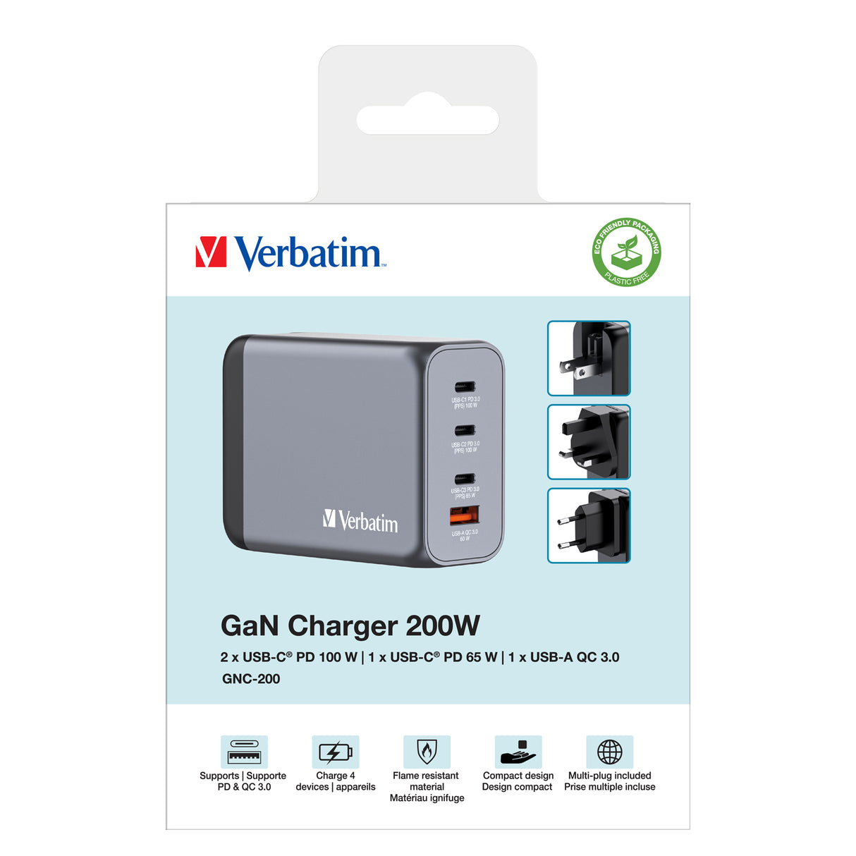 Verbatim GNC-200 GaN Charger 200W with 2 x USB-C PD 100W / 1 x USB-C PD 65W / 1 x USB QC 3.0 (EU/UK/US)