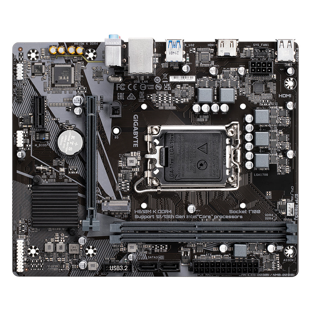 GIGABYTE H610M K DDR4 Motherboard - Supports Intel Core 14th Gen CPUs, up to 3200MHz DDR4, 1xPCIe 3.0 M.2, GbE LAN, USB 3.2 Gen 1