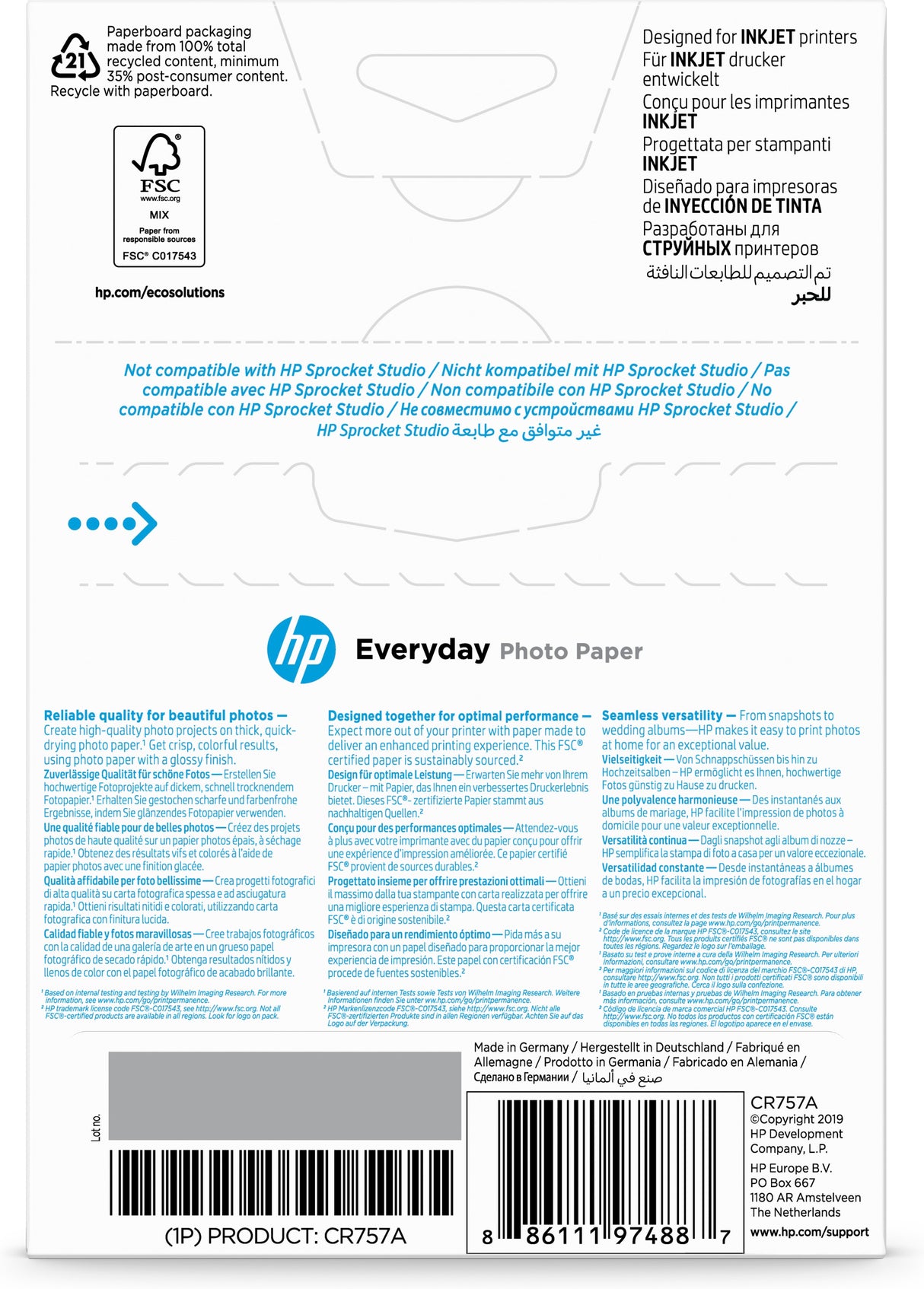 HP Everyday Photo Paper, Glossy, 200 g/m2, 10 x 15 cm (101 x 152 mm), 100 sheets