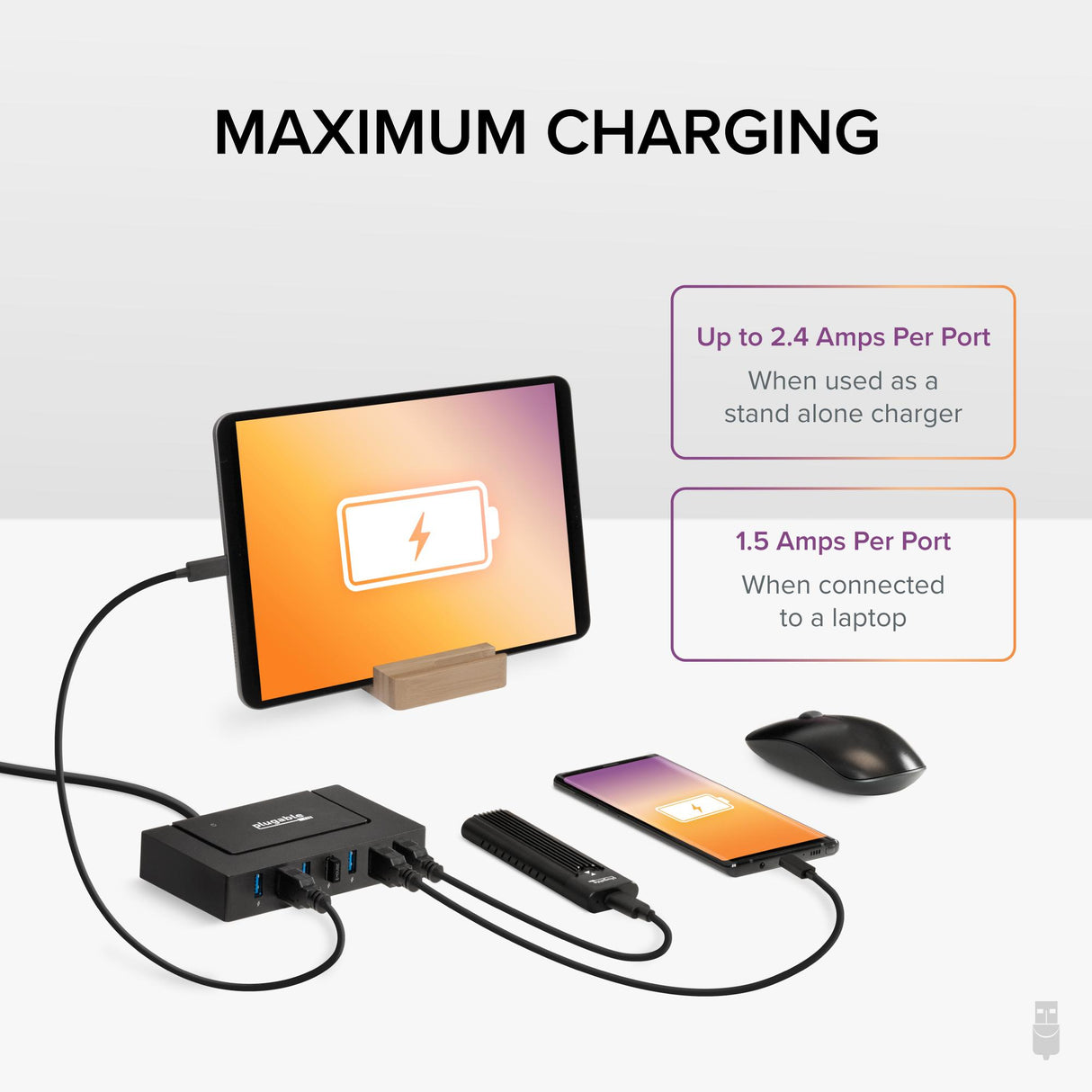 Plugable Technologies 7-in-1 USB Charging Hub for Laptops with USB-C or USB 3.0 - USB Charging Station for Multiple Devices and USB Data Transfer with a 60W Power Adapter