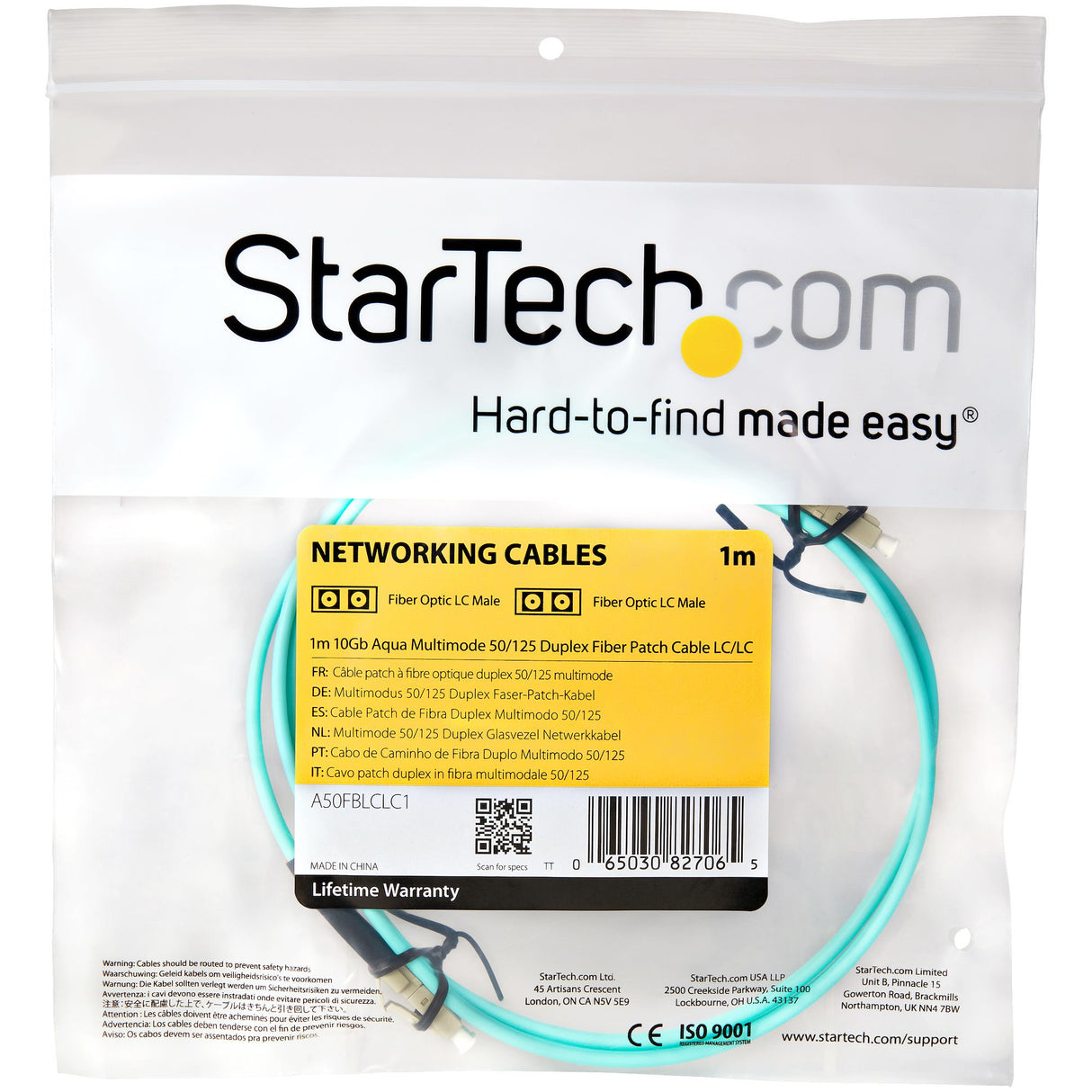 StarTech.com 1m (3ft) LC/UPC to LC/UPC OM3 Multimode Fiber Optic Cable, Full Duplex 50/125µm Zipcord Fiber Cable, 100G, Low Insertion Loss, LSZH Fiber Jumper Cord