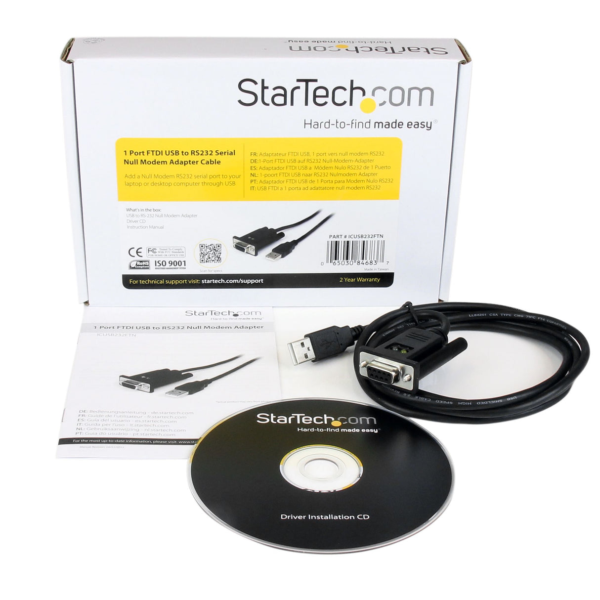 StarTech.com 6ft (1.8m) 1-Port USB to Serial RS232 Adapter, FTDI DB9 Serial DCE Adapter Cable, Null Modem, USB 2.0 - TAA