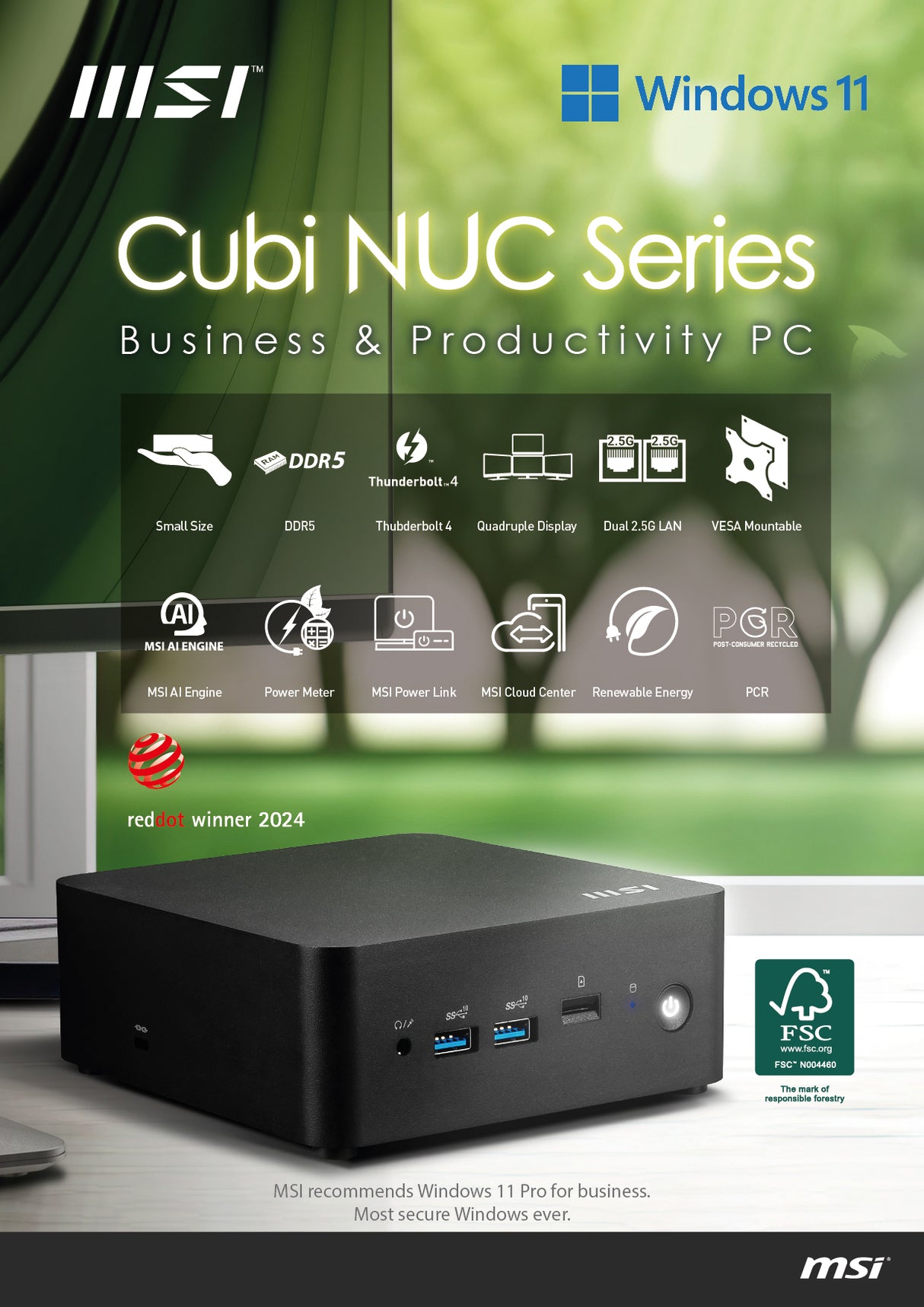 MSI Cubi NUC 1M Intel Core 3 100U Desktop PC, NUC, SFF, Mini Computer, HTPC, (8GB RAM, 512GB Storage, Windows 11 PRO), UHD Graphics/DDR5/Dual ThunderBolt 4/Dual HDMI/Dual LAN/WiFi 6E/BT 5.3/VESA