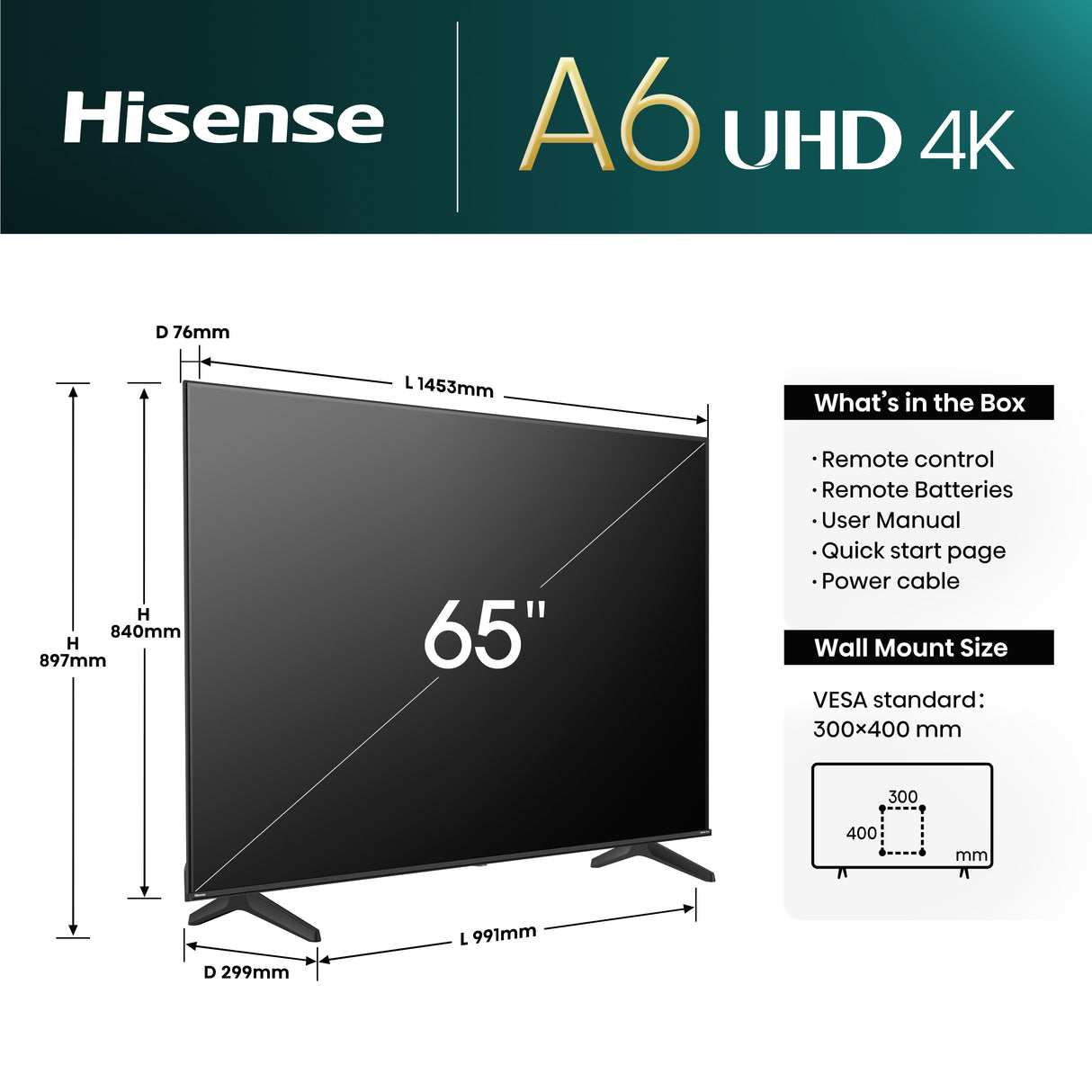 Hisense 65A6NTUK TV 165.1 cm (65") 4K Ultra HD Smart TV Wi-Fi Black 300 cd/m²