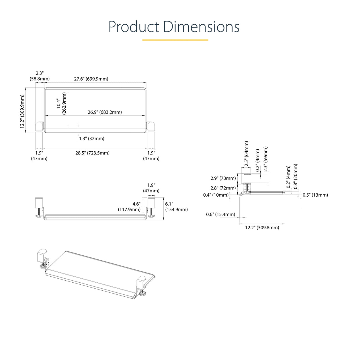 StarTech.com Under-Desk Keyboard Tray, Clamp-on Ergonomic Keyboard Holder, Up to 12kg (26.5lb), Sliding Keyboard and Mouse Drawer with C-Clamps, Height Adjustable Keyboard Tray (3.9/4.7/5.5 in)