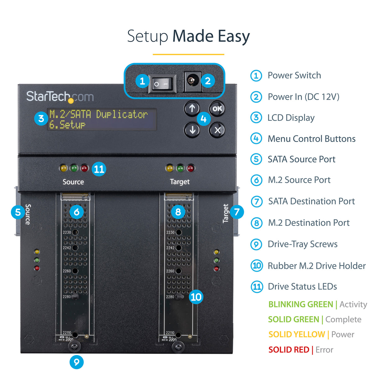 StarTech.com Standalone M.2 SATA & M.2 NVMe Duplicator and Eraser - HDD/SSD Cloner/Wiper for M.2 PCIe AHCI/NVMe, M.2 SATA, 2.5/3.5" SATA Drives - External Hard Drive Eraser/Duplicator, TAA