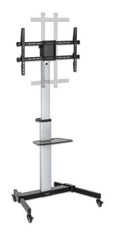 Manhattan TV & Monitor Mount, Trolley Stand, 1 screen, Screen Sizes: 37-86", -10 to 5° Tilt, 90° Rotation, Silver/Black, VESA 200x200 to 600x400mm, Max 50kg, Height adjustable 1200 to 1600mm, AV/Laptop shelf, Aluminium, LFD, Lifetime Warranty