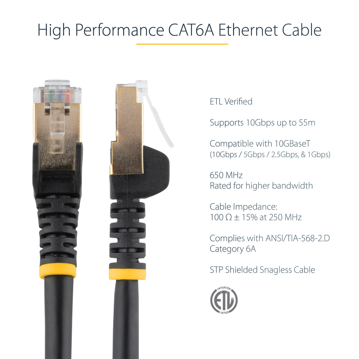 StarTech.com 0.50m CAT6a Ethernet Cable - 10 Gigabit Shielded Snagless RJ45 100W PoE Patch Cord - 10GbE STP Network Cable w/Strain Relief - Black Fluke Tested/Wiring is UL Certified/TIA