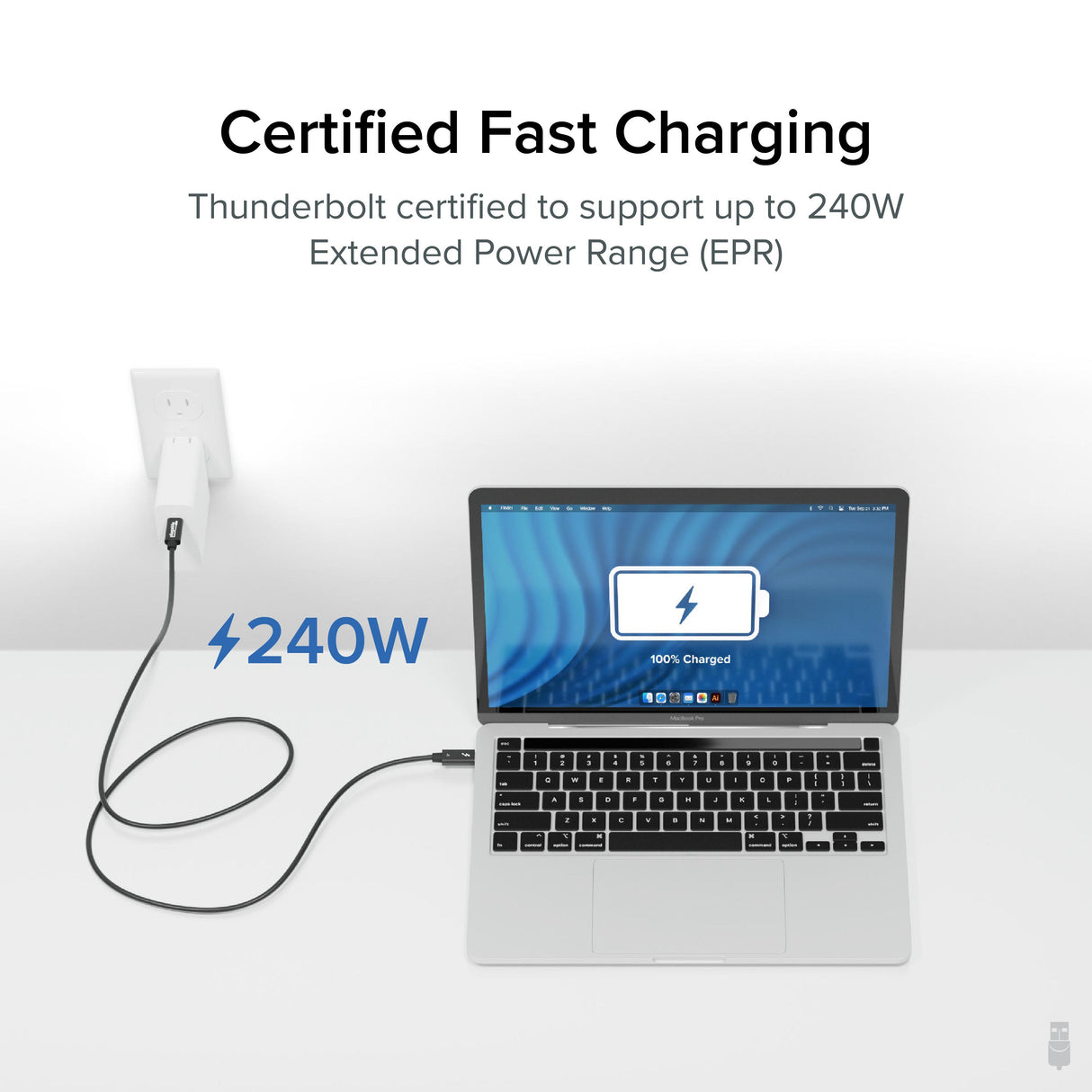 Plugable Technologies Thunderbolt 4 Cable with 240W Charging, Thunderbolt Certified, 3.3 Feet (1M),1x 8K Display, 40 Gbps, Compatible with USB4, Thunderbolt 3, USB-C - Driverless