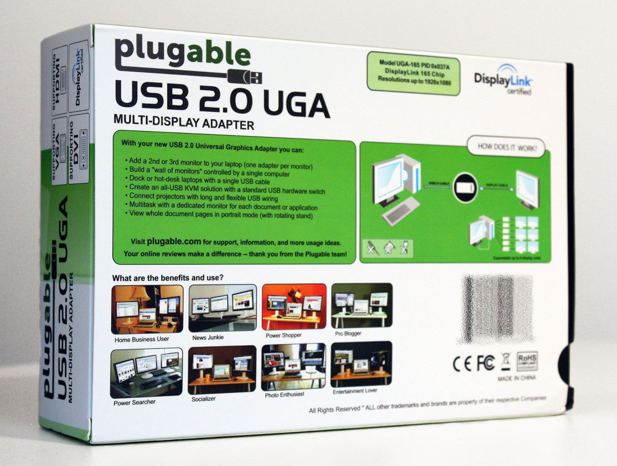 Plugable Technologies USB 2.0 to DVI, VGA, or HDMI Video Graphics Adapter for Multiple Monitors up to 1920x1080 Supports Windows 11, 10, 8.1, 7, XP, Mac, and ChromeOS