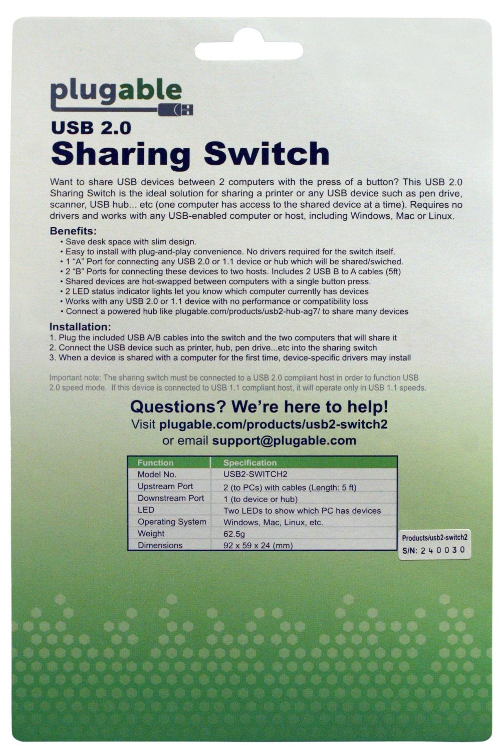 Plugable Technologies USB 2.0 Sharing Switch for One-Button USB Device Port Sharing Between Two Computers (A/B Dual Computer Switch)