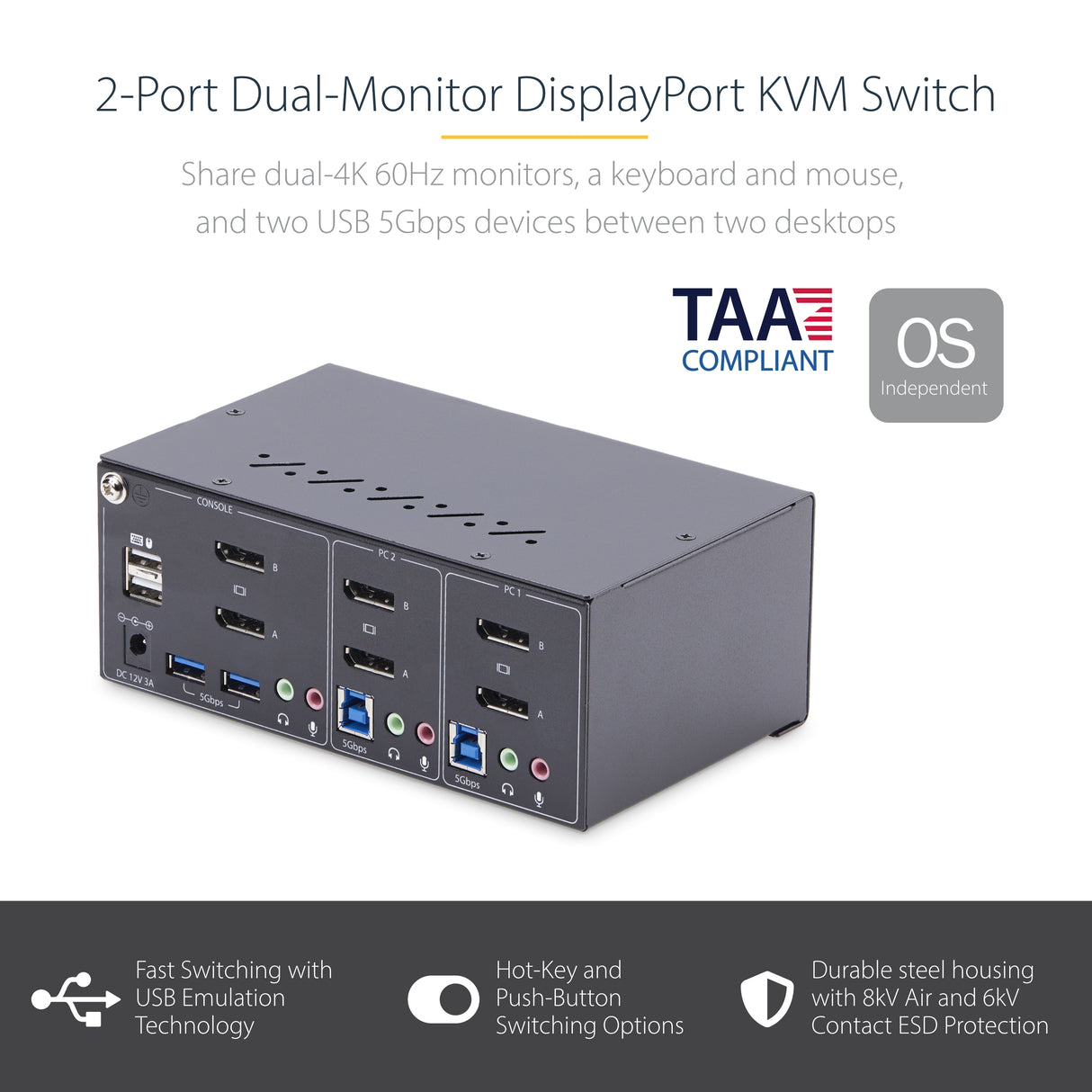 StarTech.com 2-Port Dual-Monitor DisplayPort KVM Switch, 4K 60Hz, 2x USB 5Gbps Hub Ports, 2x USB 2.0 HID Ports, Hotkey and Push-Button Switching, TAA Compliant - ESD Level 3 Protection