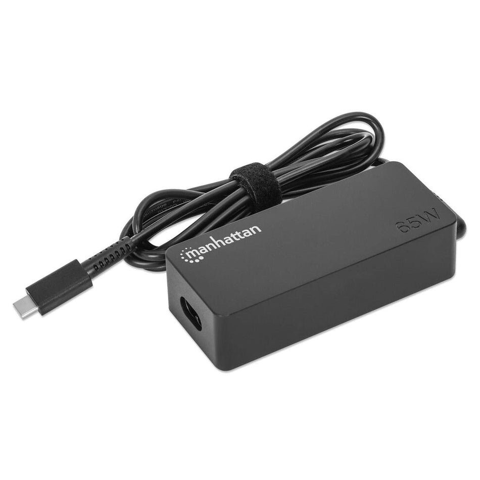 Manhattan Mains USB-C Laptop Charger 65W, AC (UK) to Type-C Power Adapter, Universal Voltage Compatible with Most Notebooks, Ideal as Second or Replacement Power Supply, Includes Detachable UK AC Power Cable and Built-in USB-C PD Cable, Black