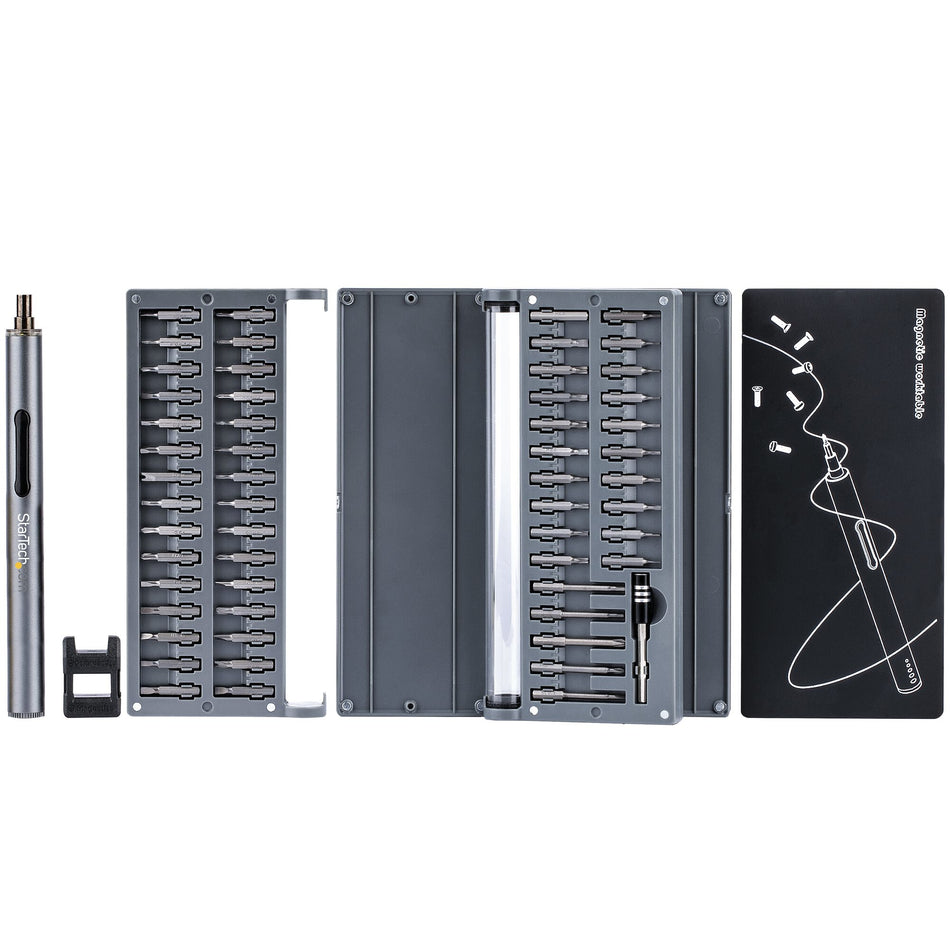 StarTech.com 55-Bit Electric Precision Screwdriver Set - Portable Cordless Battery Powered Bit Driver Kit for Electronic, Laptop, Computers, Tablet & Phone Repairs - Magnetic Work Pad