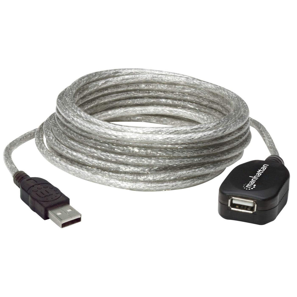 Manhattan USB-A to USB-A Extension Cable, 5m, Male to Female, Active, Translucent Silver, 480 Mbps (USB 2.0), Daisy-Chainable, Built In Repeater, Hi-Speed USB, Three Year Warranty, Equivalent to USB2AAEXT5M (except colour).