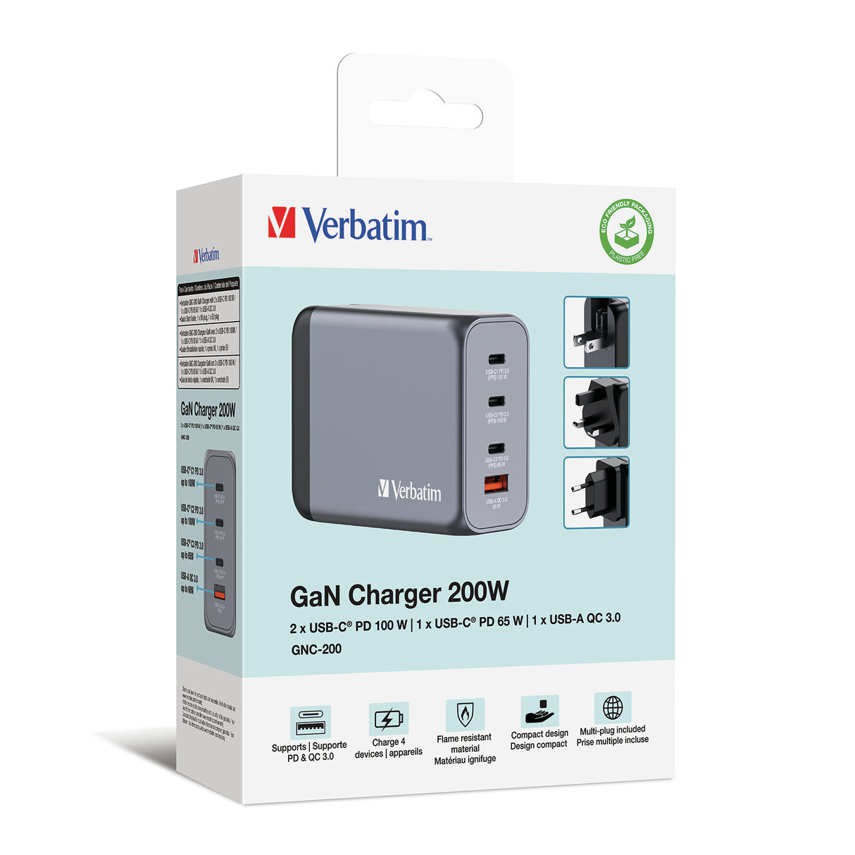 Verbatim GNC-200 GaN Charger 200W with 2 x USB-C PD 100W / 1 x USB-C PD 65W / 1 x USB QC 3.0 (EU/UK/US)