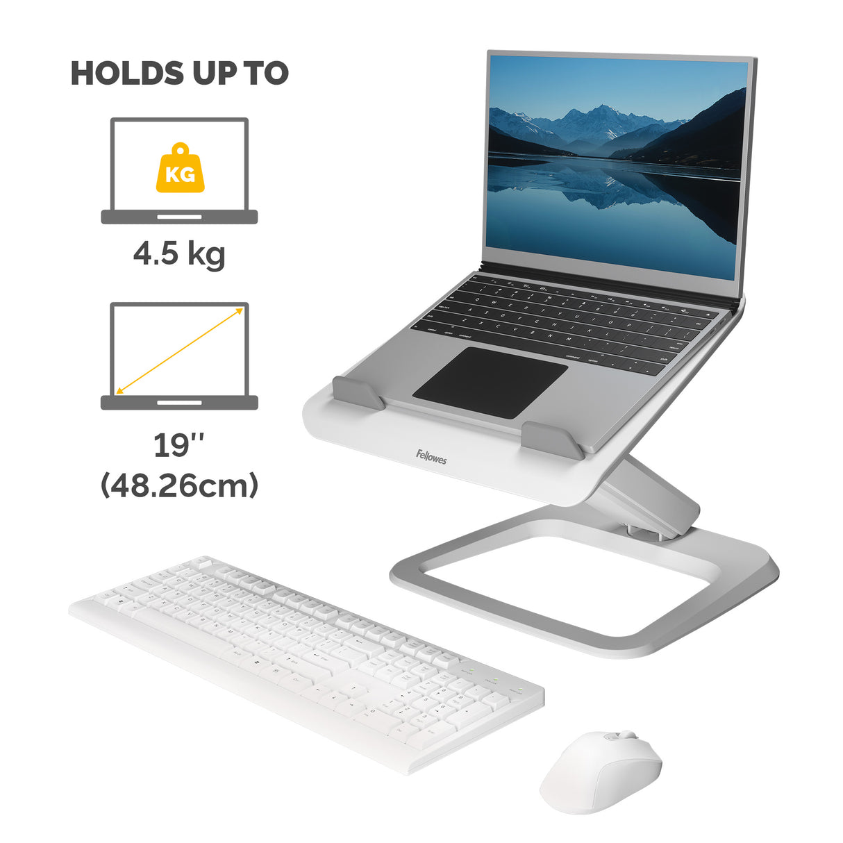 Fellowes Laptop Stand for Desk - Hana LT Laptop Stand for the Home and Office - Adjustable Laptop Stand with 3 Height Adjustments - Max Monitor Size 19", Max Weight 4.5KG - White