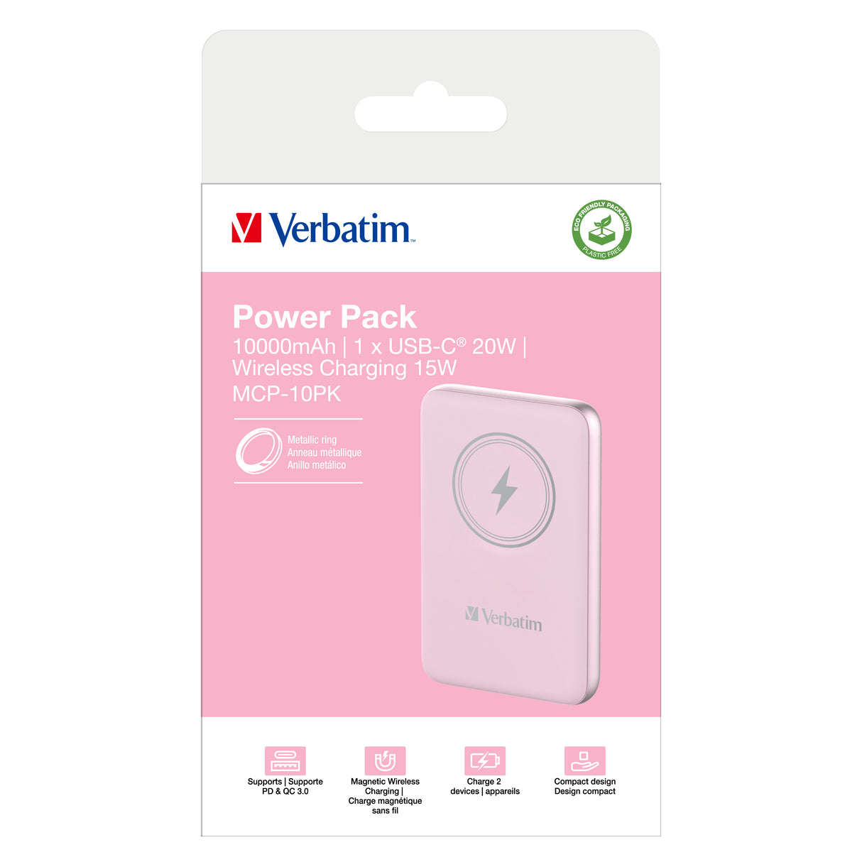 Verbatim Charge 'n' Go Magnetic Wireless Power Bank 10000mAh Pink