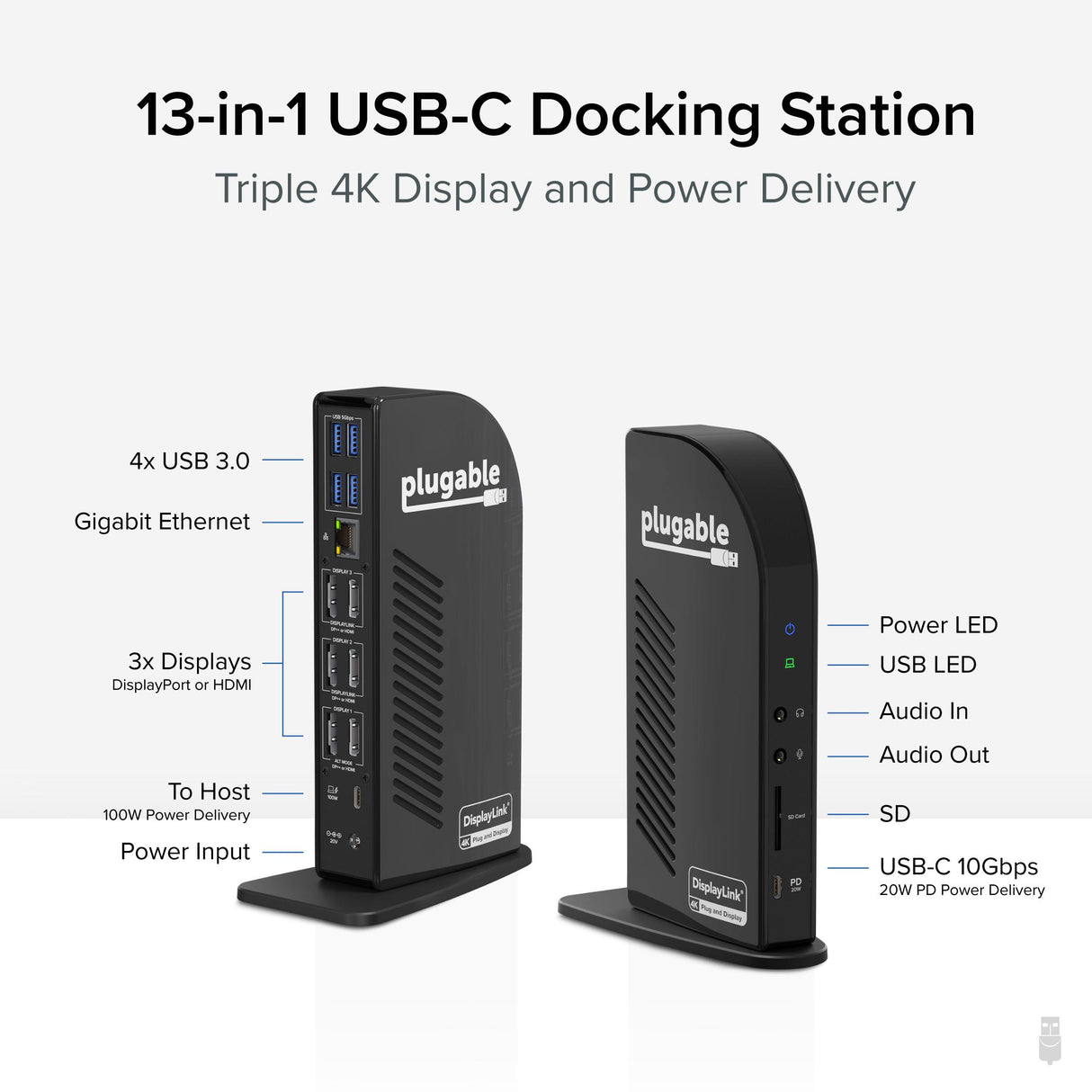 Plugable Technologies 4K USB C Docking Station Triple Monitor with 100W Power Delivery, USB C Dock for Thunderbolt 3 / 4, and USB-C Windows and Mac (3x HDMI and 3x DisplayPort, 1x USB-C, 4x USB 3.0, SD Card Reader)