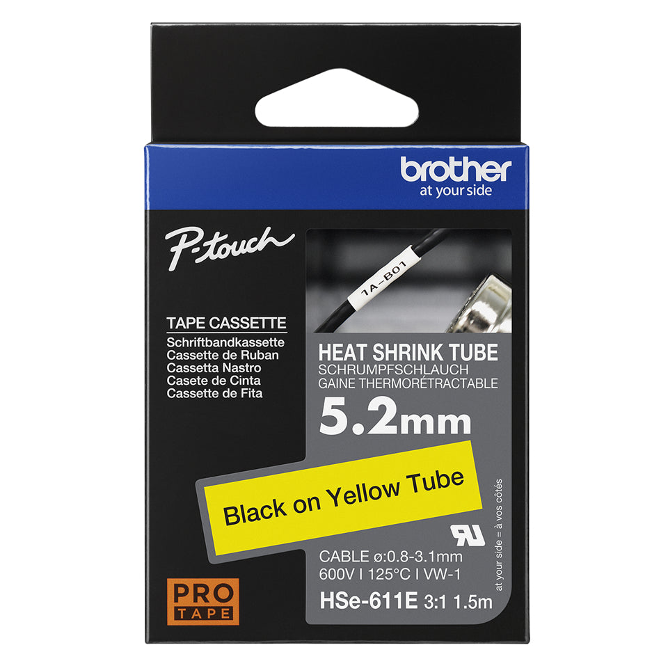 Brother HSE-611E Heat Shrink Tubes black on yellow 5,2mm x 1,5m for Brother P-Touch TZ 3.5-18mm HSE/24mm HSE/36mm HSE