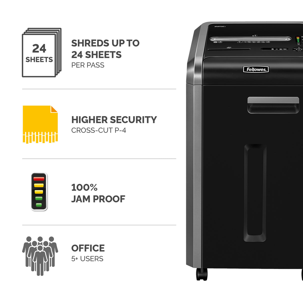 Fellowes Paper Shredder 225Ci 24 Sheet Cross Cut Shredder with 60 Litre Bin High Security P4